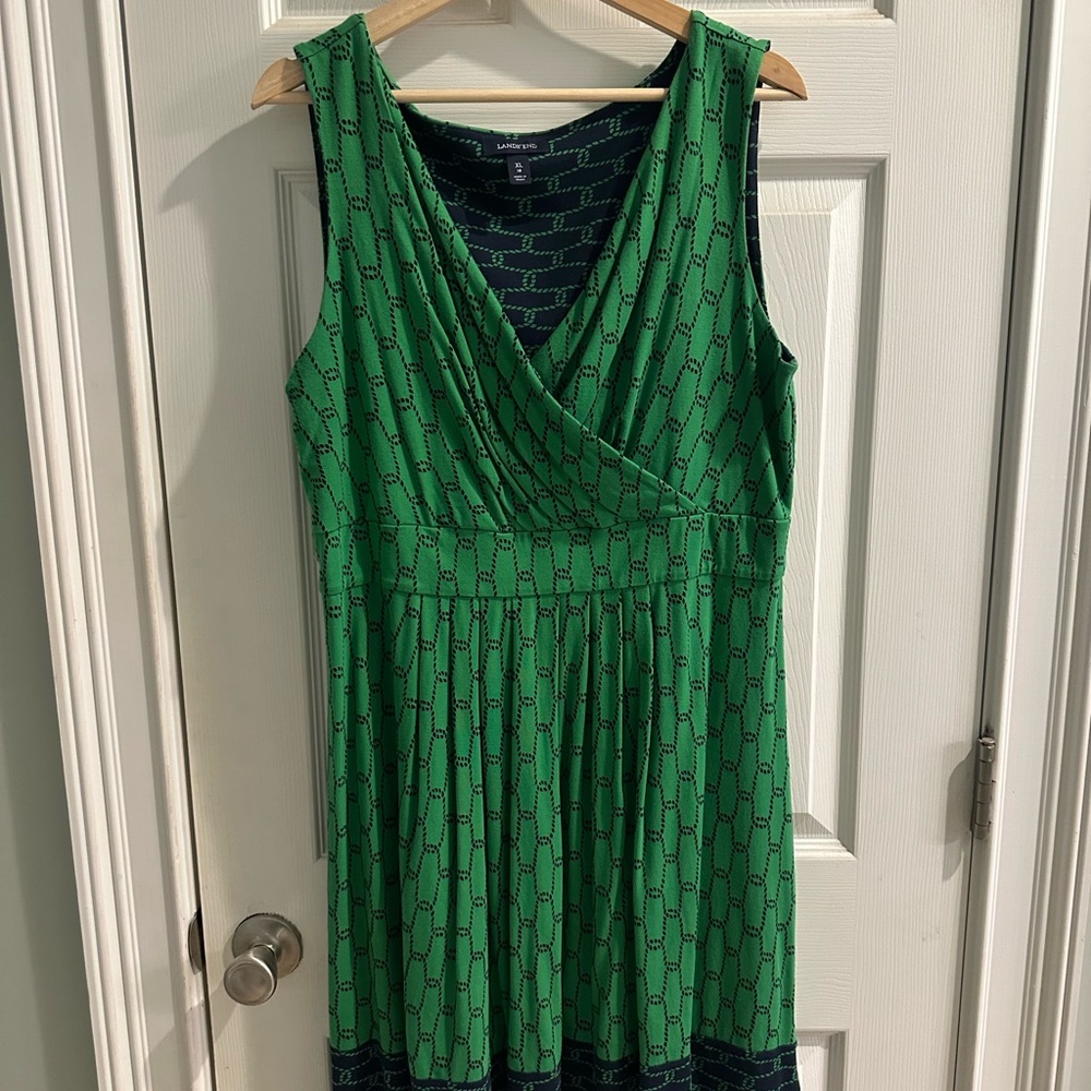 Lands' End Green and Navy Patterned Midi Dress